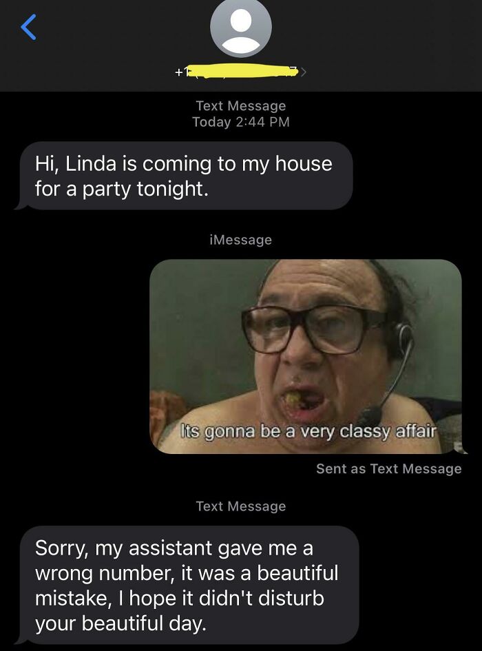 Text conversation showing a humorous wrong recipient message with a funny meme.