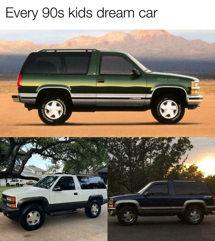 '90s SUVs in desert and suburban settings, capturing iconic dream cars for kids of the era.