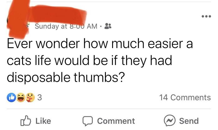A Facebook post with a spelling error "disposable thumbs" instead of "opposable thumbs," creating a cringe-worthy grammar moment.
