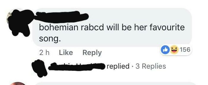 “Amusing misspelling of 'Bohemian Rhapsody' in a social media comment with reactions.”