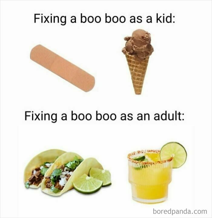 Funny meme showing childhood vs. adulthood solutions: bandage and ice cream for kids, tacos and cocktail for adults.
