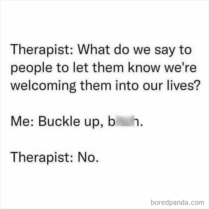Funny meme from "Women Behaving Badly" featuring a humorous therapist conversation.