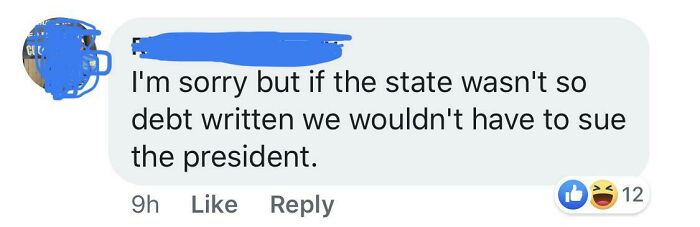 Social media comment with incorrect spelling causing grammar police to cringe, using "debt written" instead of correct term.