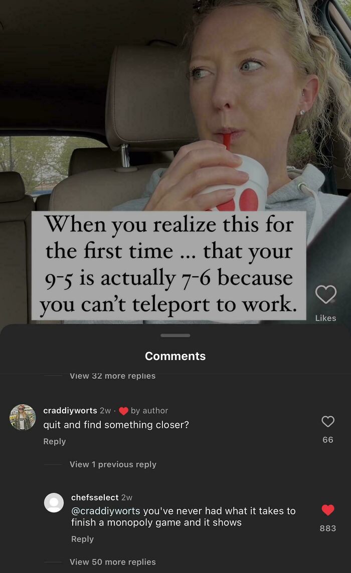 Woman sipping drink with a hilarious clever comeback about commuting in the comment section.