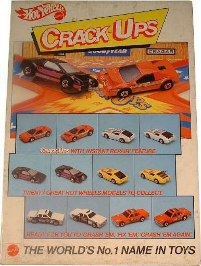 Vintage Hot Wheels Crack-Ups toy packaging showcasing collectible cars with an instant repair feature.