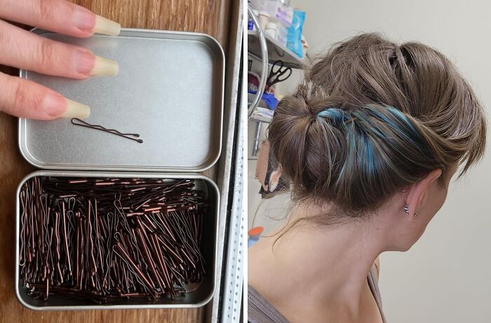 Old school beauty hack: bobby pins in a tin and a woman with a stylish updo.