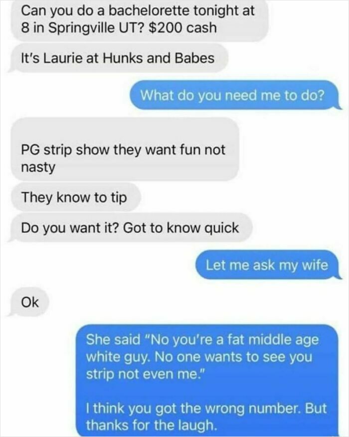 Text conversation showing humorous misunderstanding, highlighting "men's humor" with a reply about asking his wife first.