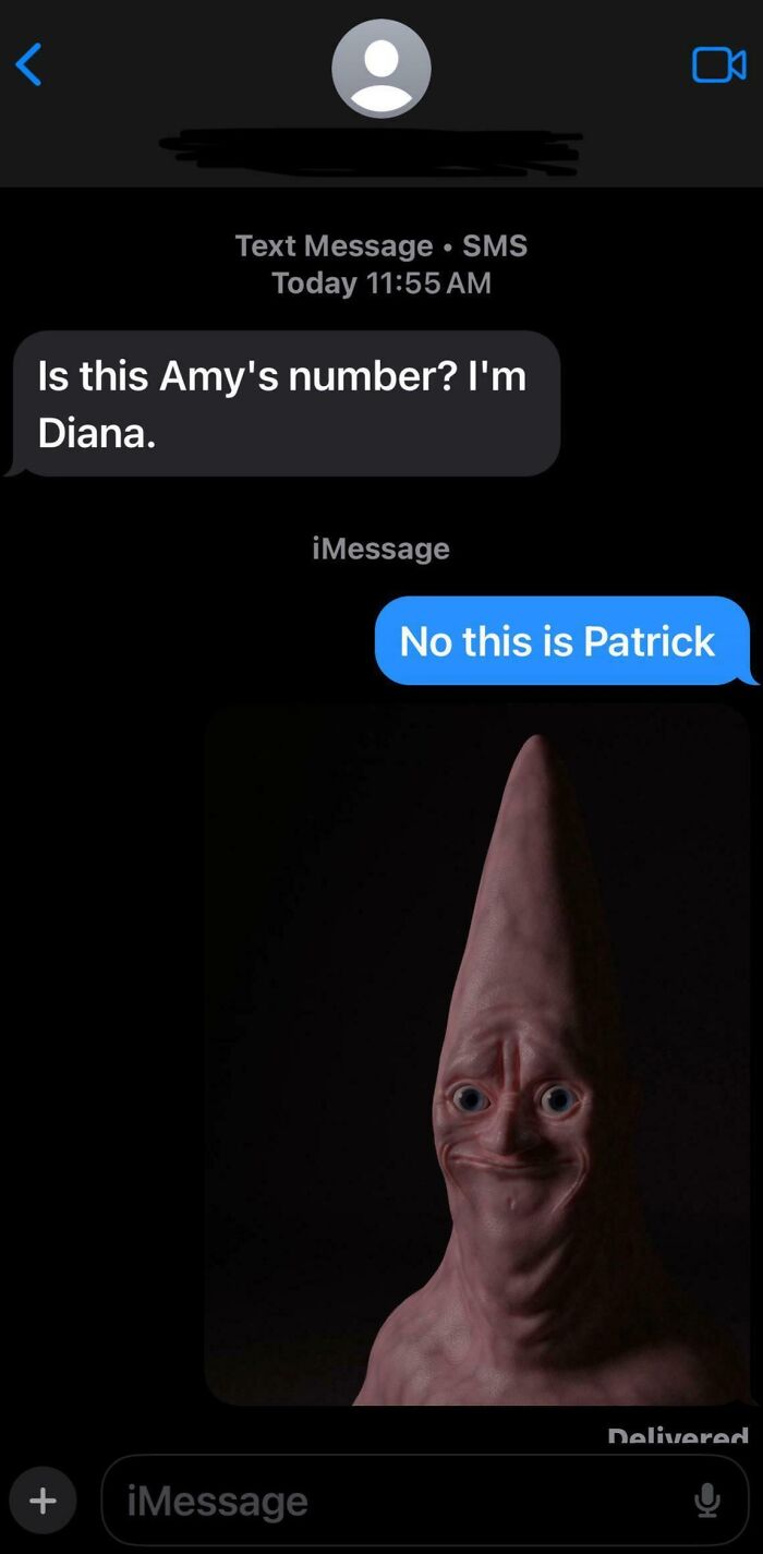Text conversation with funny-scammer-responses, featuring a humorous Patrick image reply.