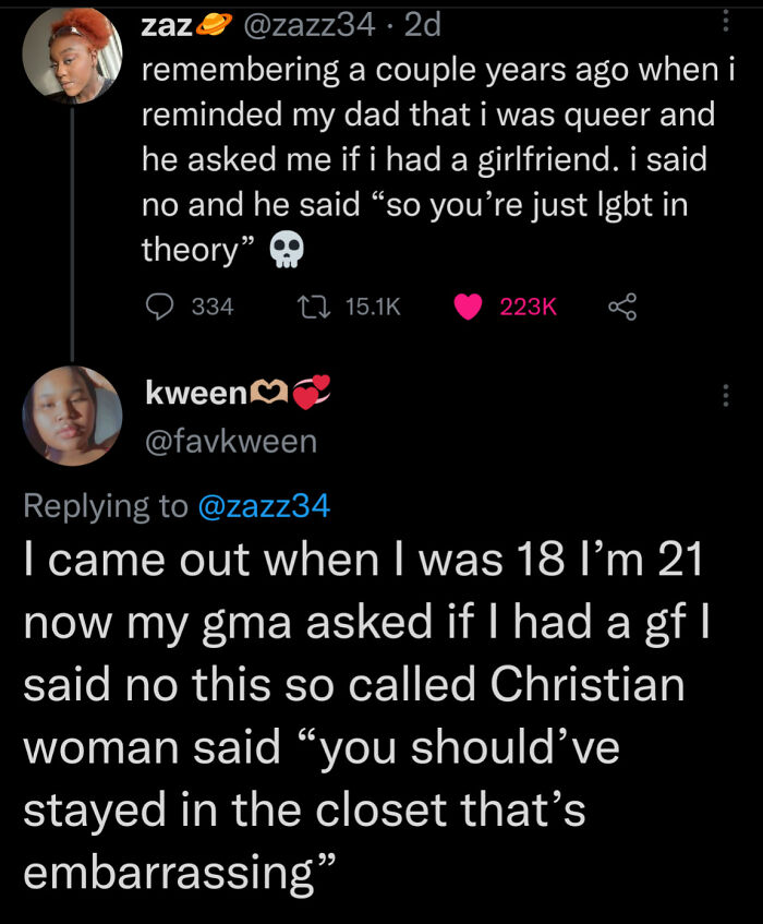 Two users sharing hilarious clever comebacks in tweets about LGBTQ+ experiences with family.