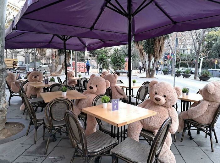 Teddy bears seated at outdoor cafe tables under purple umbrellas, creating a tourist-interesting experience.