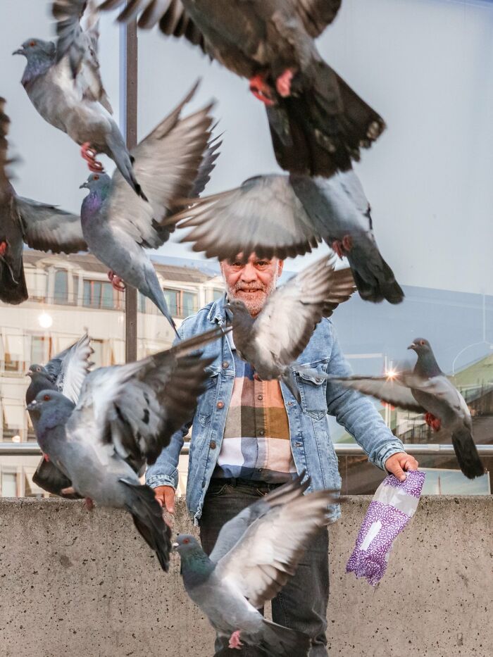 Man in denim jacket surrounded by flying pigeons, capturing street life in Oslo.