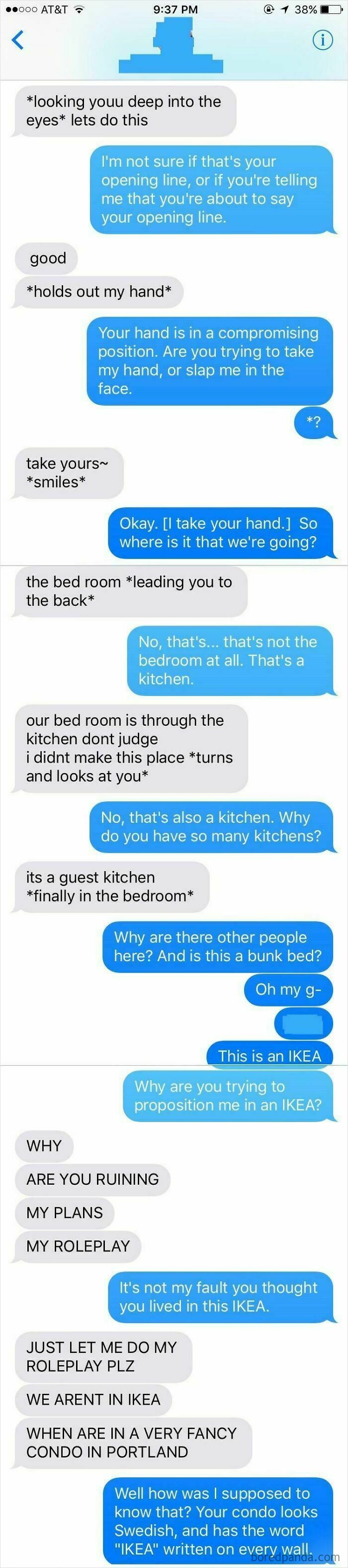 Woman responds humorously to creepy DMs about a date in IKEA.