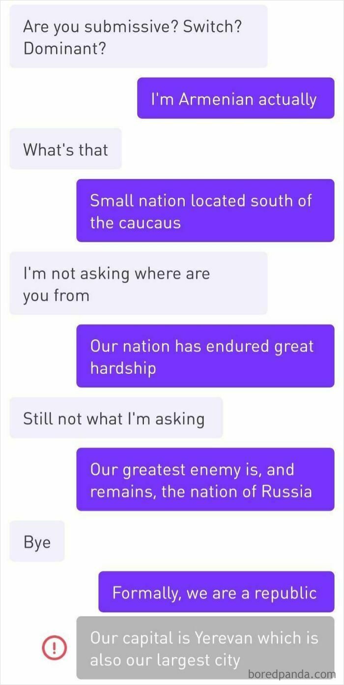 Screenshot of a woman responding to a creepy DM with detailed facts about Armenia.