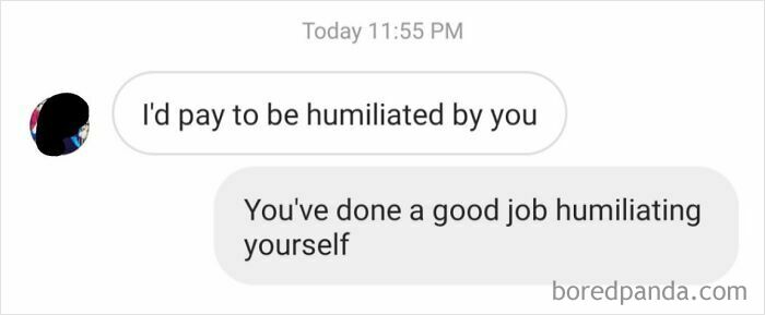 Exchange of messages, demonstrating women's response to creepy DMs, with a witty comeback.