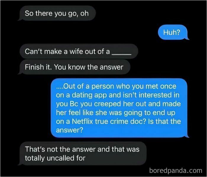 Woman responds assertively to a creepy DM on a dating app.