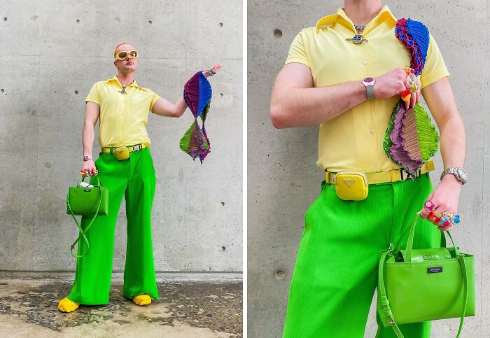 Person showcasing bold fashion in a yellow shirt and green pants, accessorized with colorful pieces, embodying fashion risks.