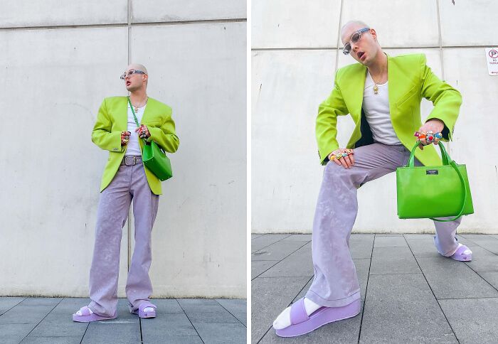 Person in a bold green blazer and purple pants with matching shoes, showcasing fashion risks with a bright green handbag.