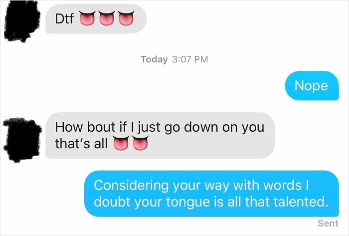 Woman responds to a creepy DM with a witty comeback on chat.