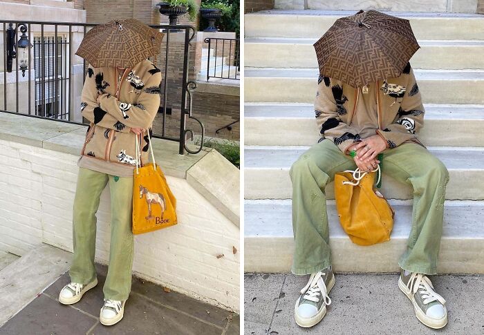 Fashion risks: Person wears eclectic outfit with a patterned umbrella hat and whimsical bag, showcasing unique style.