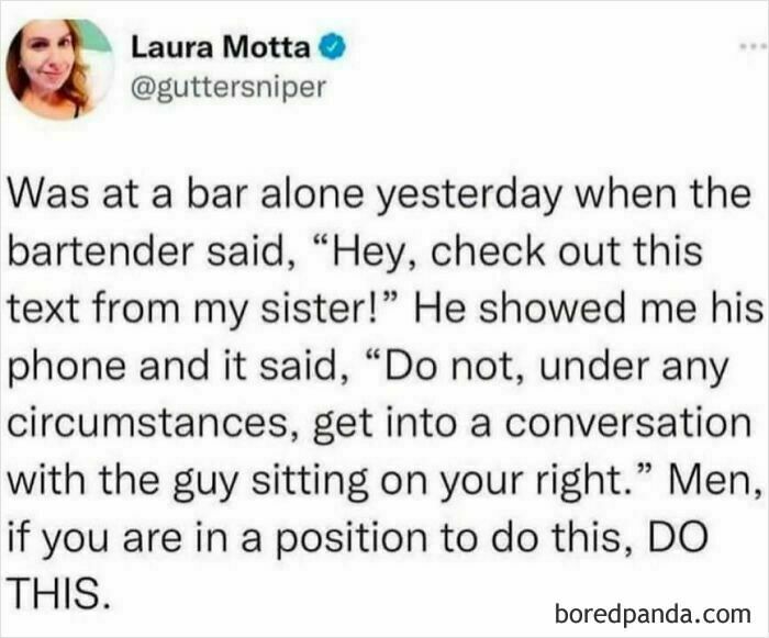 Tweet showing a bartender helping a woman avoid an uncomfortable situation, illustrating social justice on social media.