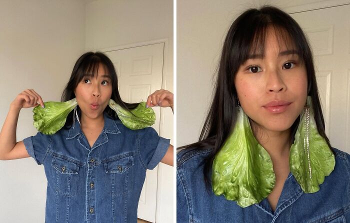 Woman taking fashion risks with lettuce earrings, wearing a denim shirt.