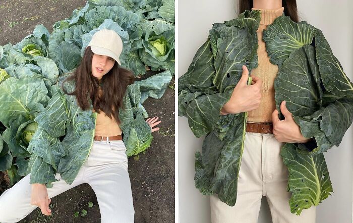 Person wearing a jacket made of cabbage leaves, taking creative fashion risks outdoors.