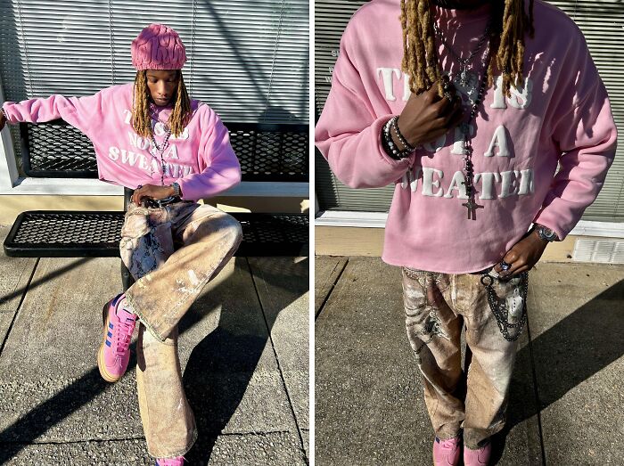 Person showcasing bold fashion style with a pink sweater and matching sneakers, demonstrating a successful fashion risk.