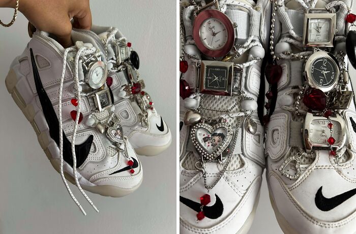 Unique fashion risk with sneakers adorned with various watches, showcasing creativity.
