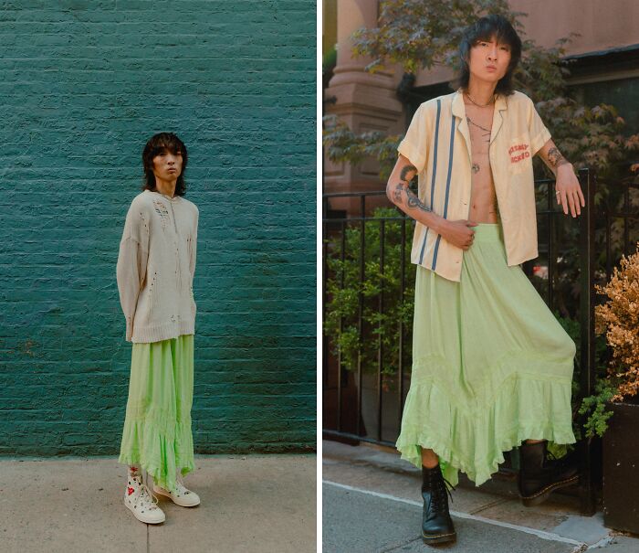 Person showcasing fashion risks with a neon green skirt and different tops for a bold style statement.