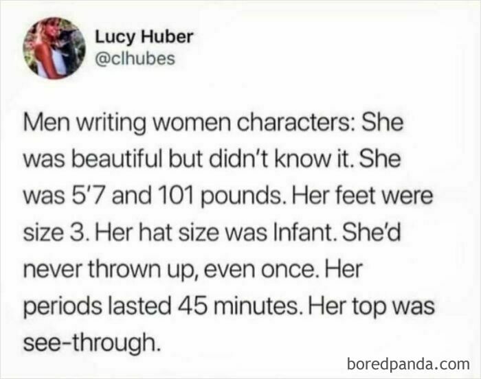 A tweet criticizing unrealistic women characters, highlighting social justice issues in writing.