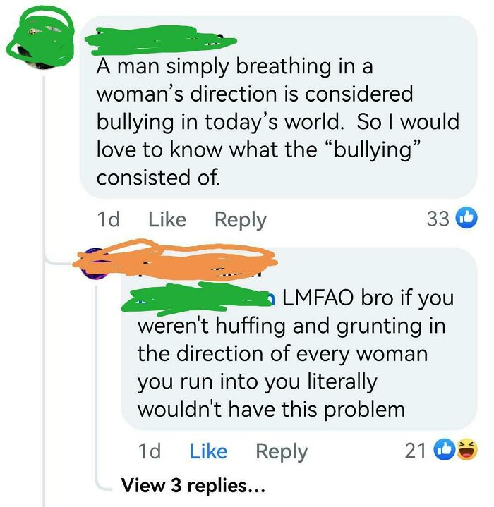 Social media exchange with clever comebacks about modern definitions of bullying towards women.