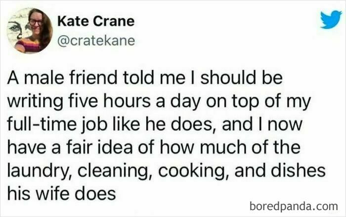 Tweet advocating for social justice, highlighting gender roles in household chores and work-life balance.