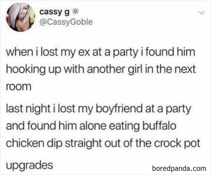 Social media post comparing ex found cheating at a party with a boyfriend enjoying buffalo chicken dip alone.