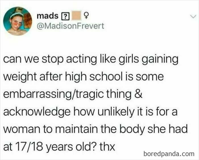 Tweet discussing body positivity and social justice, challenging weight expectations for women post-high school.