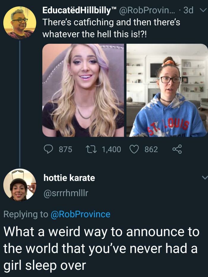 Tweet exchange featuring hilarious clever comebacks about catfishing with juxtaposed photos.