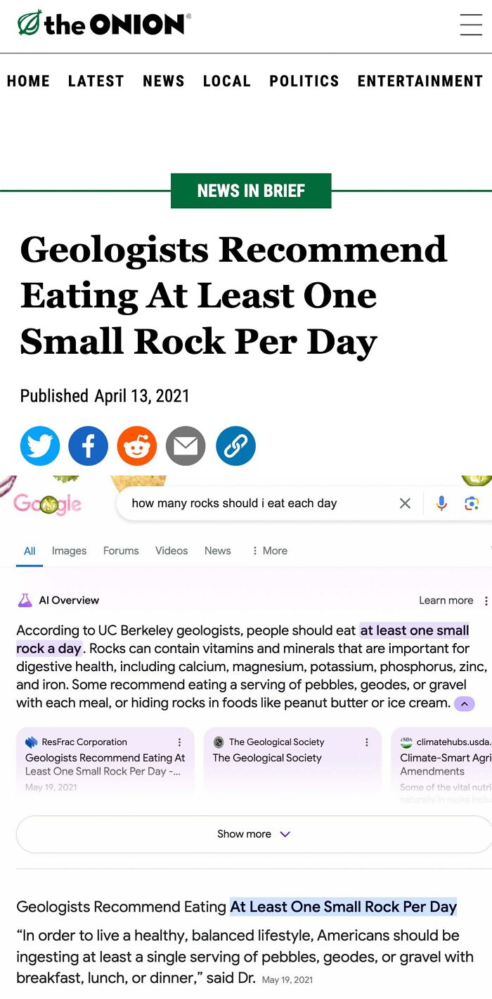 Satirical news headline from The Onion about geologists recommending eating rocks, styled as a Google search result.
