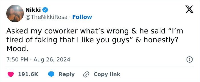 Tweet joking about workplace feelings, highlighting humor in Black culture.