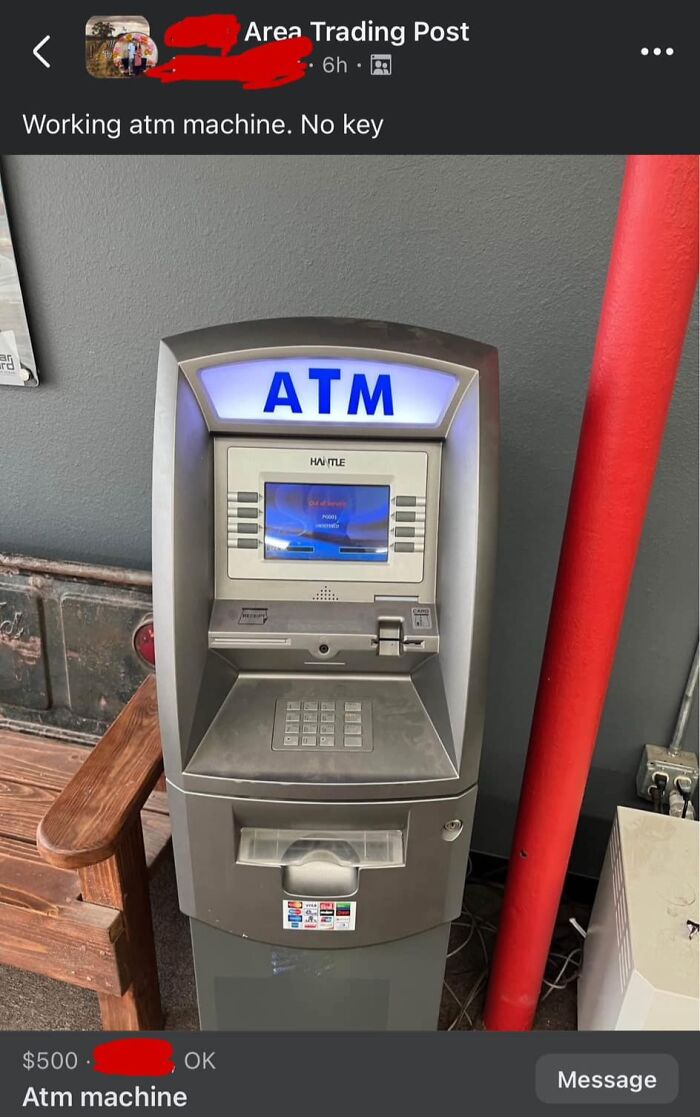 ATM machine listed on Facebook Marketplace; labeled as working but without a key.
