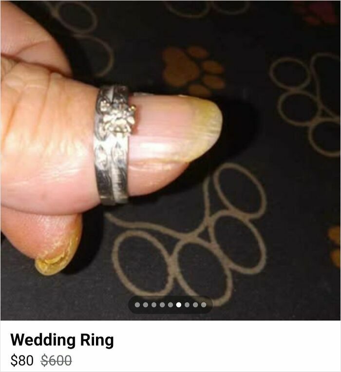 Wedding ring showcased on a thumb, priced at $80 on Facebook Marketplace.