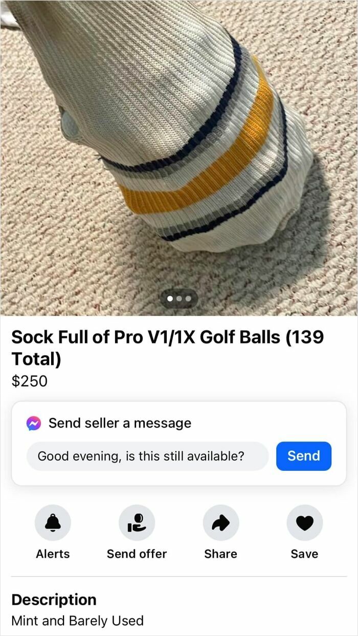 Sock filled with golf balls listed on Facebook Marketplace for $250, description reads mint and barely used.