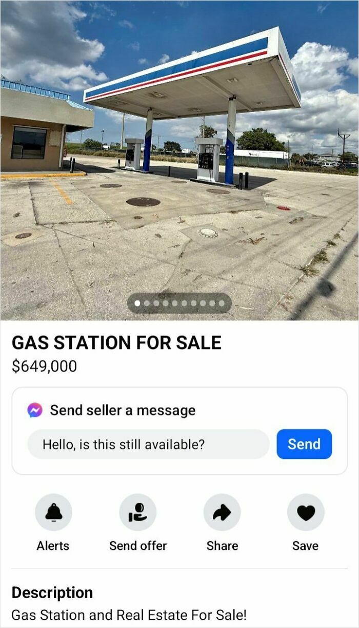 Abandoned gas station for sale on Facebook Marketplace listing.