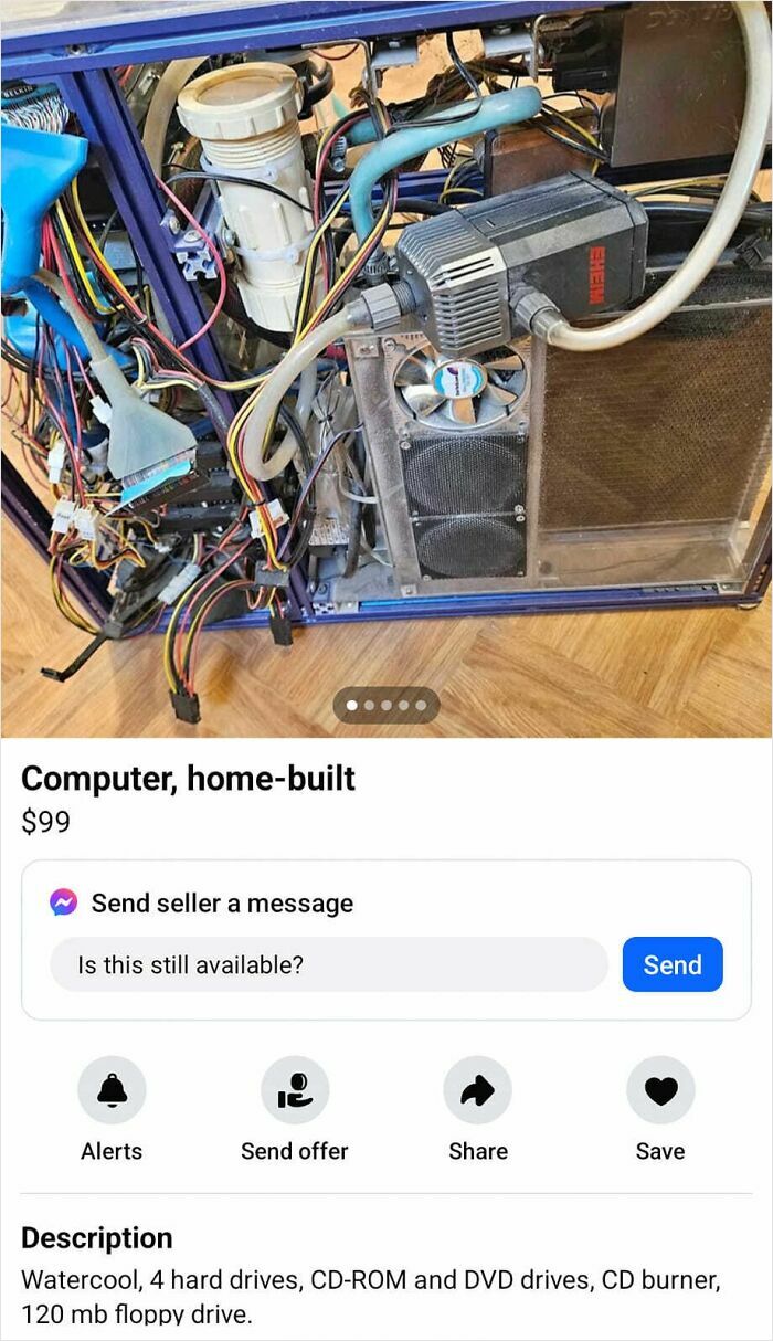 Home-built computer with water cooling, wires exposed, and multiple drives on Facebook Marketplace listing.