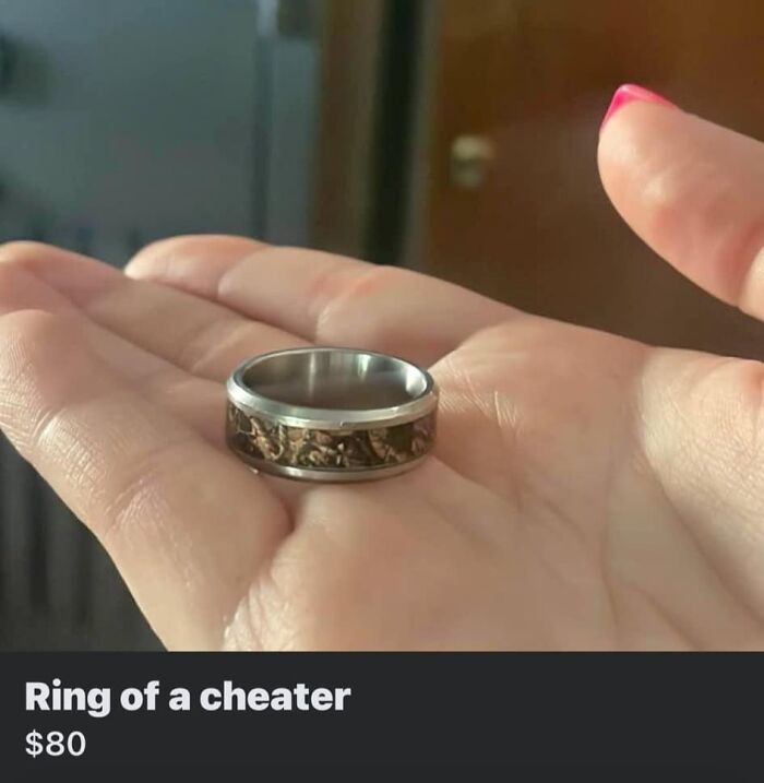 Hand holding a ring with a humorous listing, showcasing items on Facebook Marketplace.