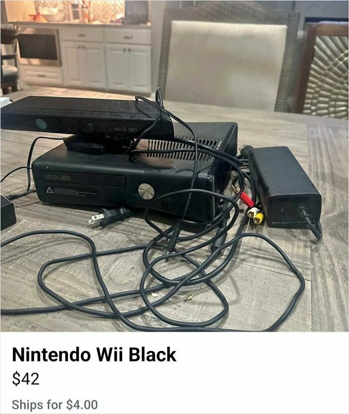 Xbox 360 console with Kinect labeled as Nintendo Wii on Facebook Marketplace listing.