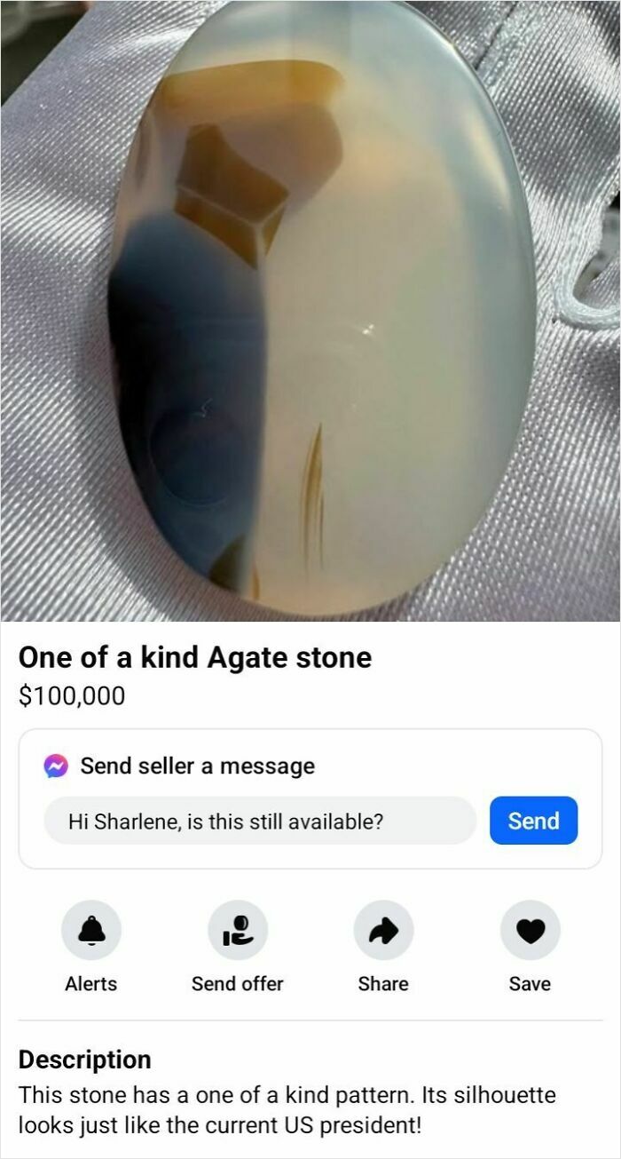 Agate stone listed on Facebook Marketplace for $100,000, showing unique color patterns.