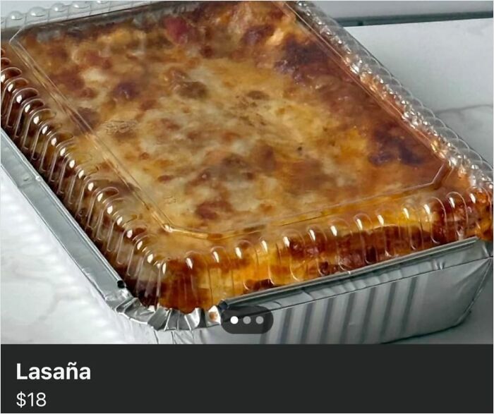 Lasagna in a foil container with a clear plastic lid on Facebook Marketplace listed for $18.