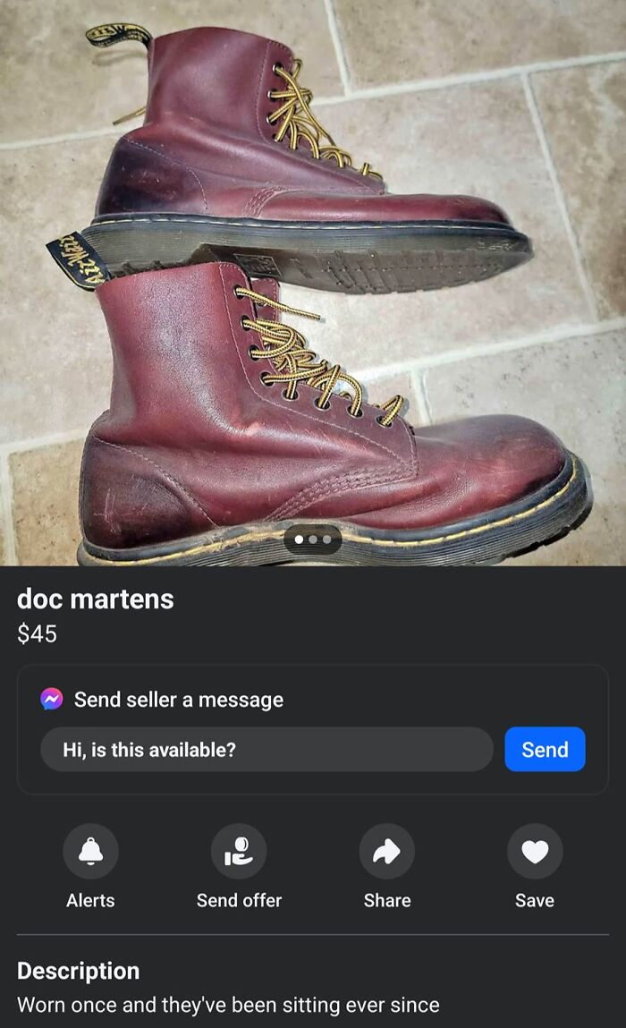 Brown Doc Martens boots for sale on Facebook Marketplace for $45.