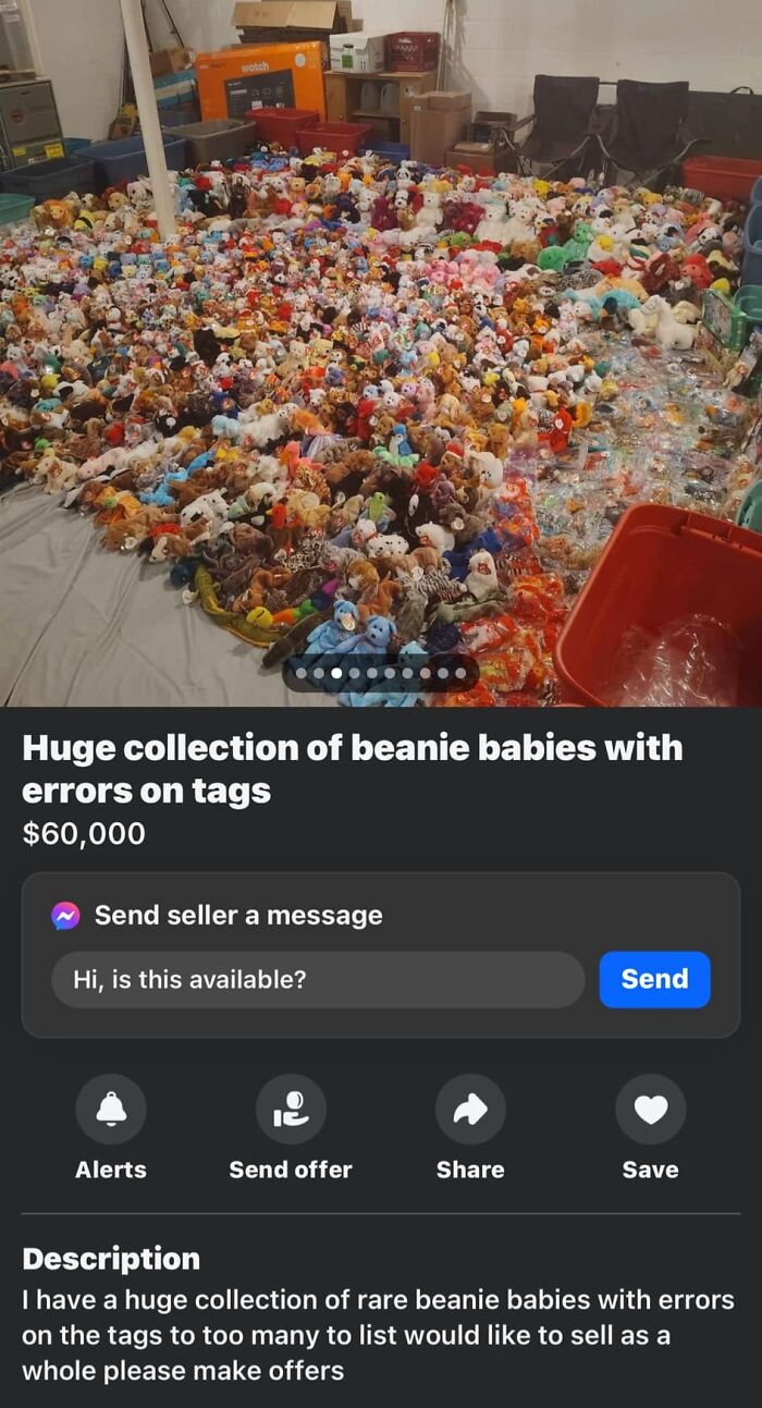 Beanie babies collection with tag errors on Facebook Marketplace listed for $60,000.