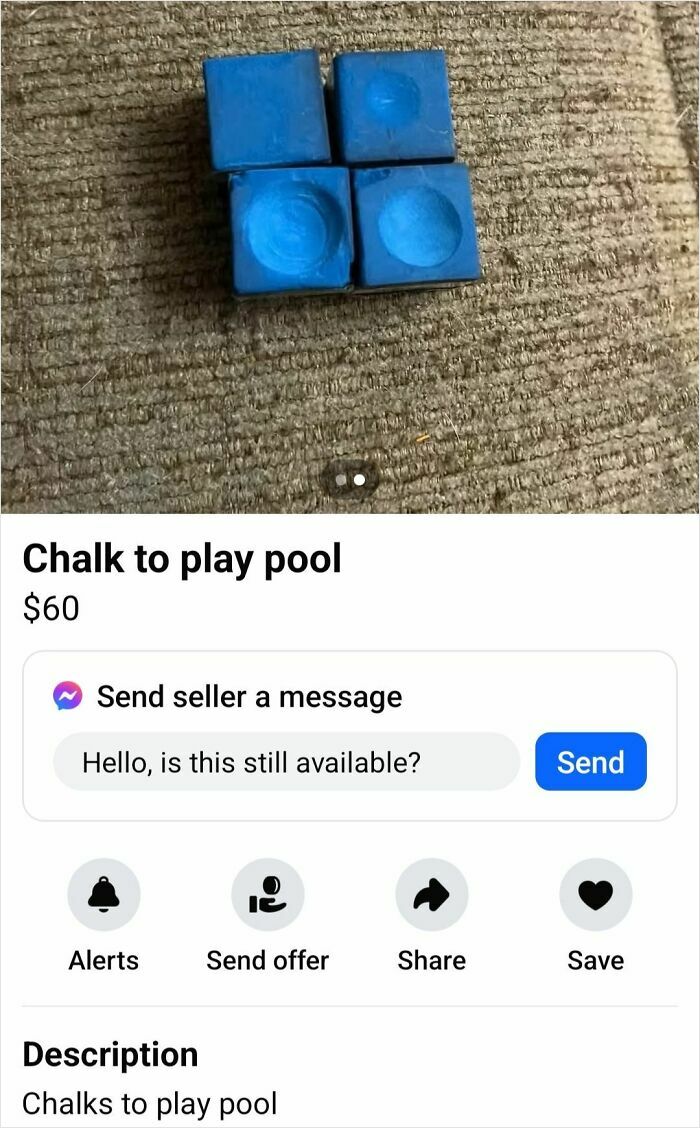 Blue pool chalk cubes on a textured surface, listed for sale on Facebook Marketplace.