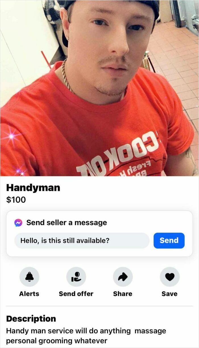Person in red shirt offering handyman services on Facebook Marketplace, with message inquiry visible.